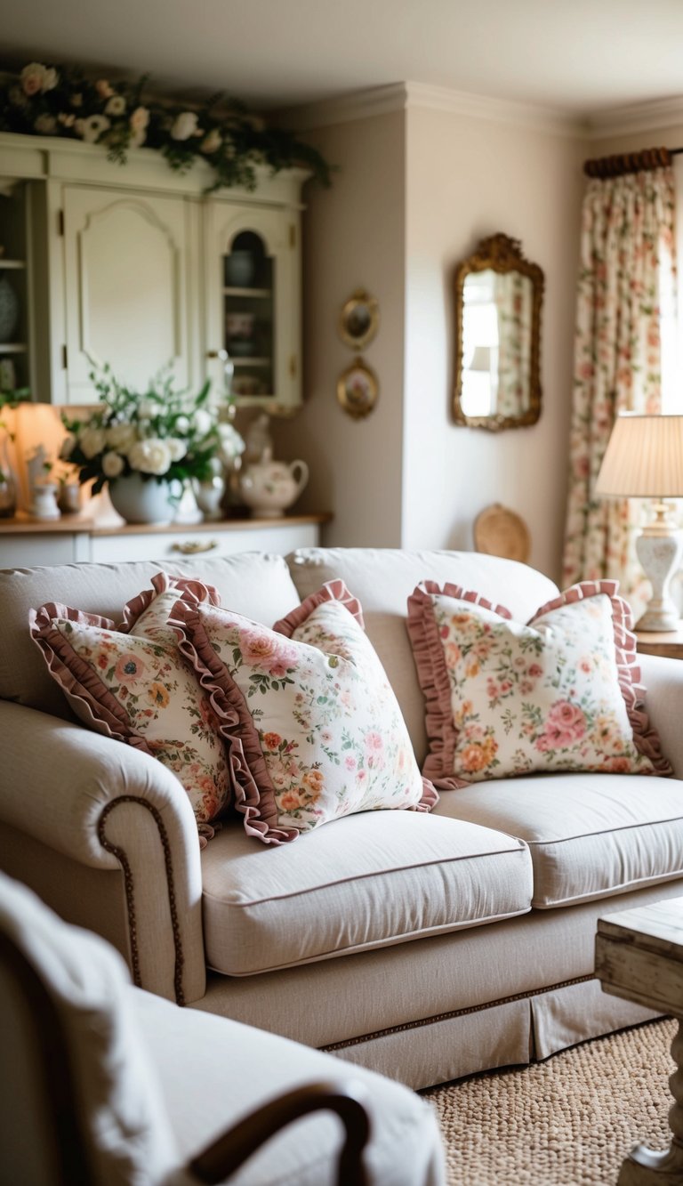 A cozy cottage living room with floral ruffled throw pillows on a plush sofa, surrounded by vintage decor and soft lighting