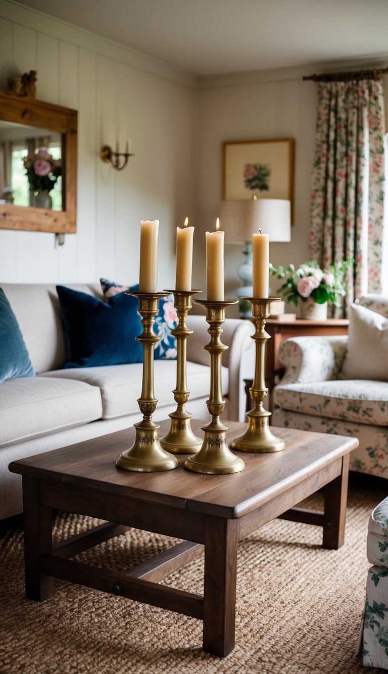 A cozy cottage living room with vintage brass candlesticks on a wooden coffee table, surrounded by floral patterned armchairs and a soft, neutral-colored sofa