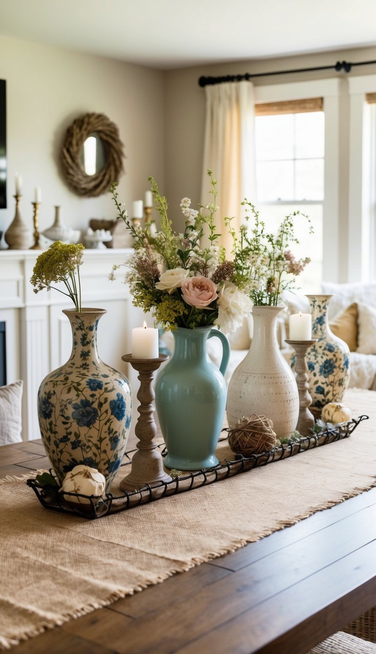 A cozy living room with a burlap table runner, adorned with cottage-style accessories such as vintage vases, rustic candle holders, and floral arrangements