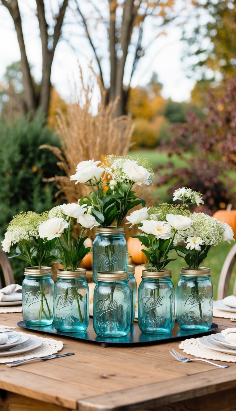 A wooden dining table adorned with five vintage mason jar centerpieces filled with white flowers, set against a backdrop of rustic fall garden elements