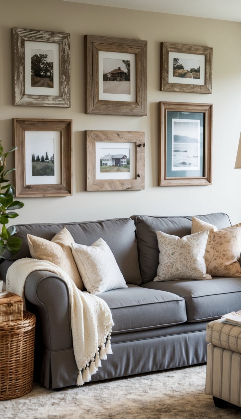 A cozy living room with distressed wood picture frames on the walls, surrounded by 16 cottage-style accessories