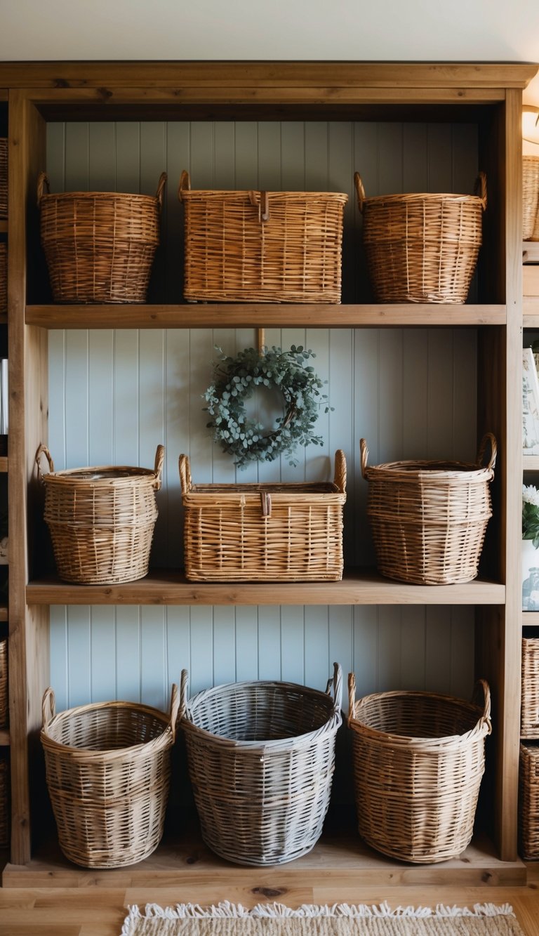 Wicker baskets arranged on wooden shelves in a cozy cottage-style living room with rustic decor