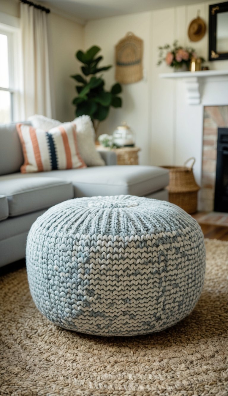 A cozy cottage living room with a patterned knit pouf as a focal point, surrounded by other charming accessories