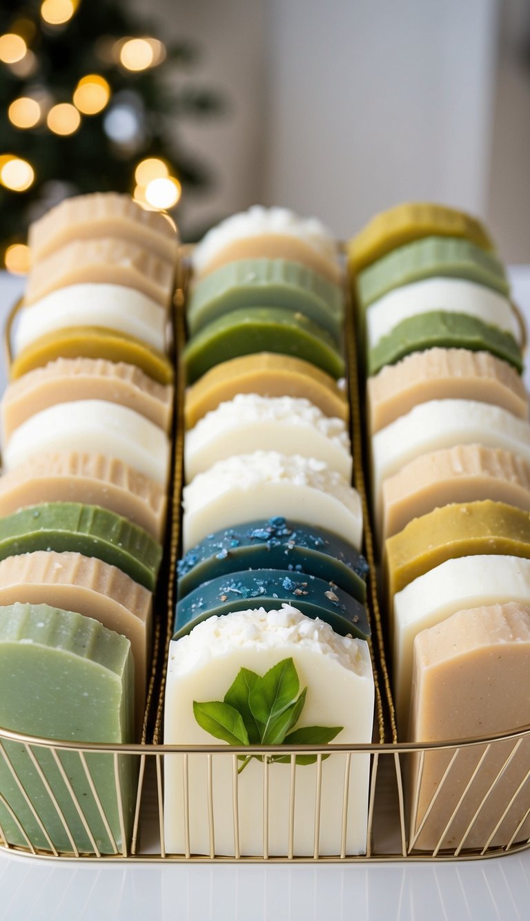 A collection of 22 handmade soap bars, each incorporating a different natural element, arranged in elegant gift baskets