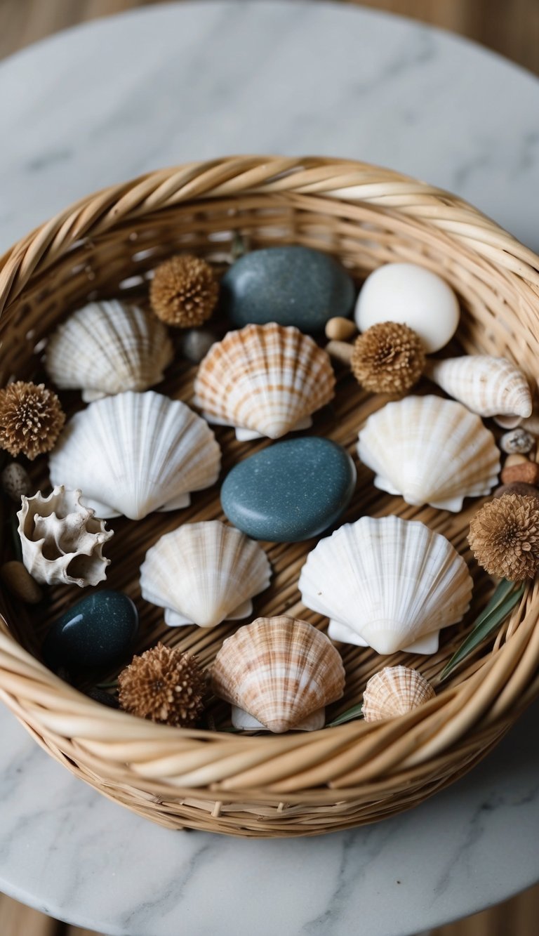 A collection of 22 seashells, stones, and dried botanicals arranged in a woven basket for a natural, elegant gift display