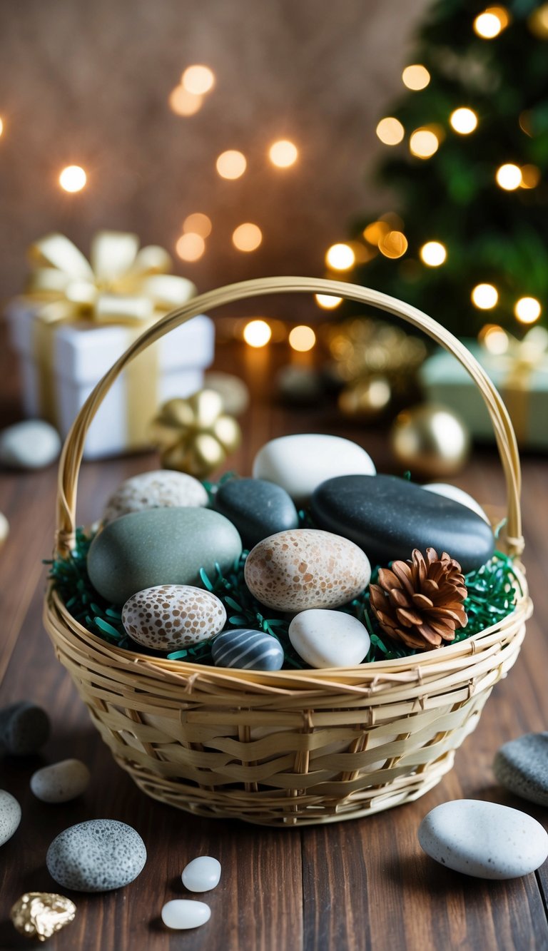 A variety of decorative pebbles arranged in a gift basket, featuring 22 different natural elements for an elegant and natural look