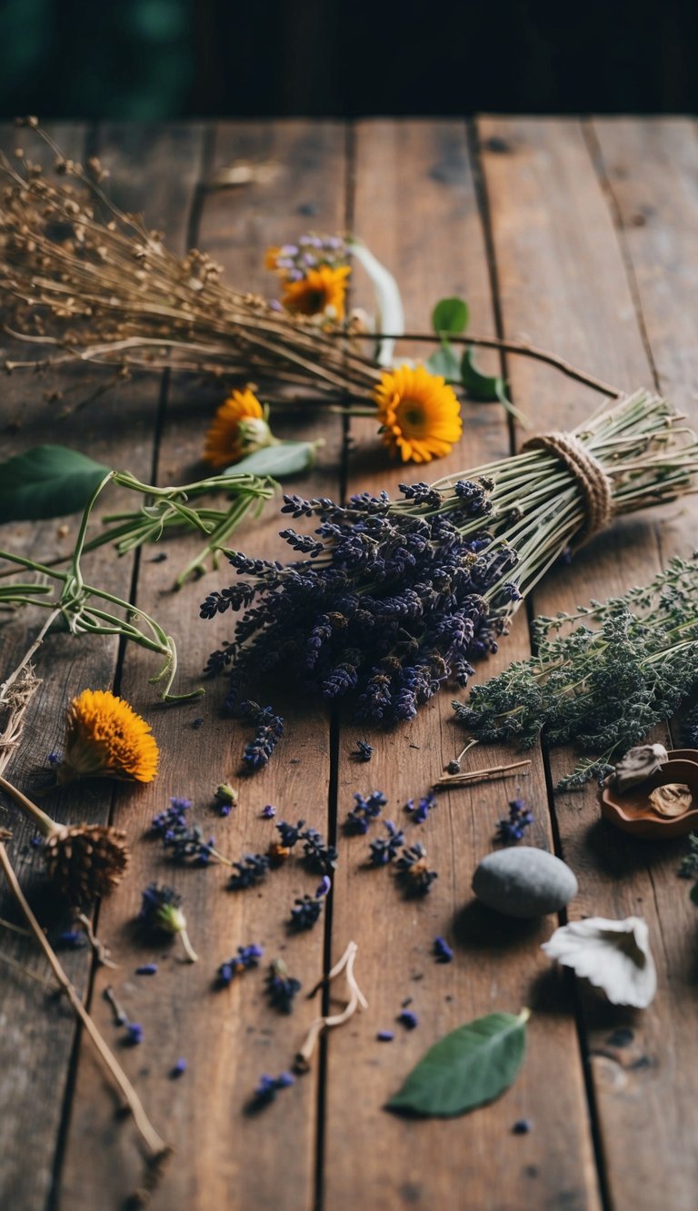 A rustic wooden table with a variety of natural elements scattered across it, including a bunch of fragrant lavender, dried flowers, twigs, and other botanical items