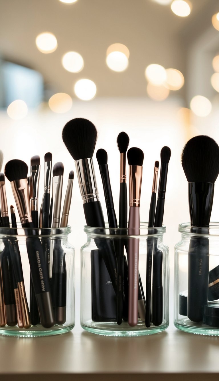 Makeup brushes arranged in glass jars, each jar showcasing a different re-use method