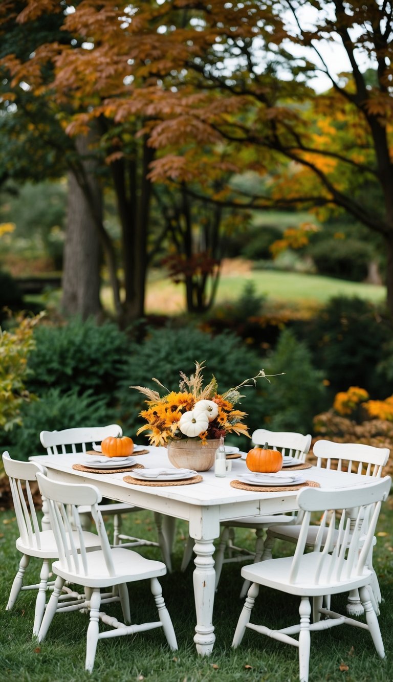 Five white rustic dining tables arranged in a fall garden setting