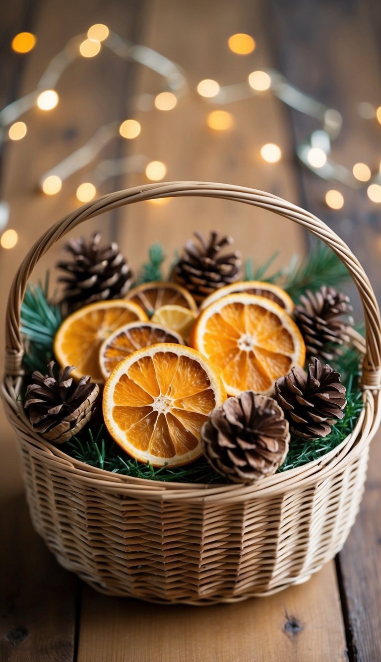 A wicker basket filled with 22 natural elements: pinecones, dried flowers, twigs, herbs, fruits, nuts, and feathers for an elegant look