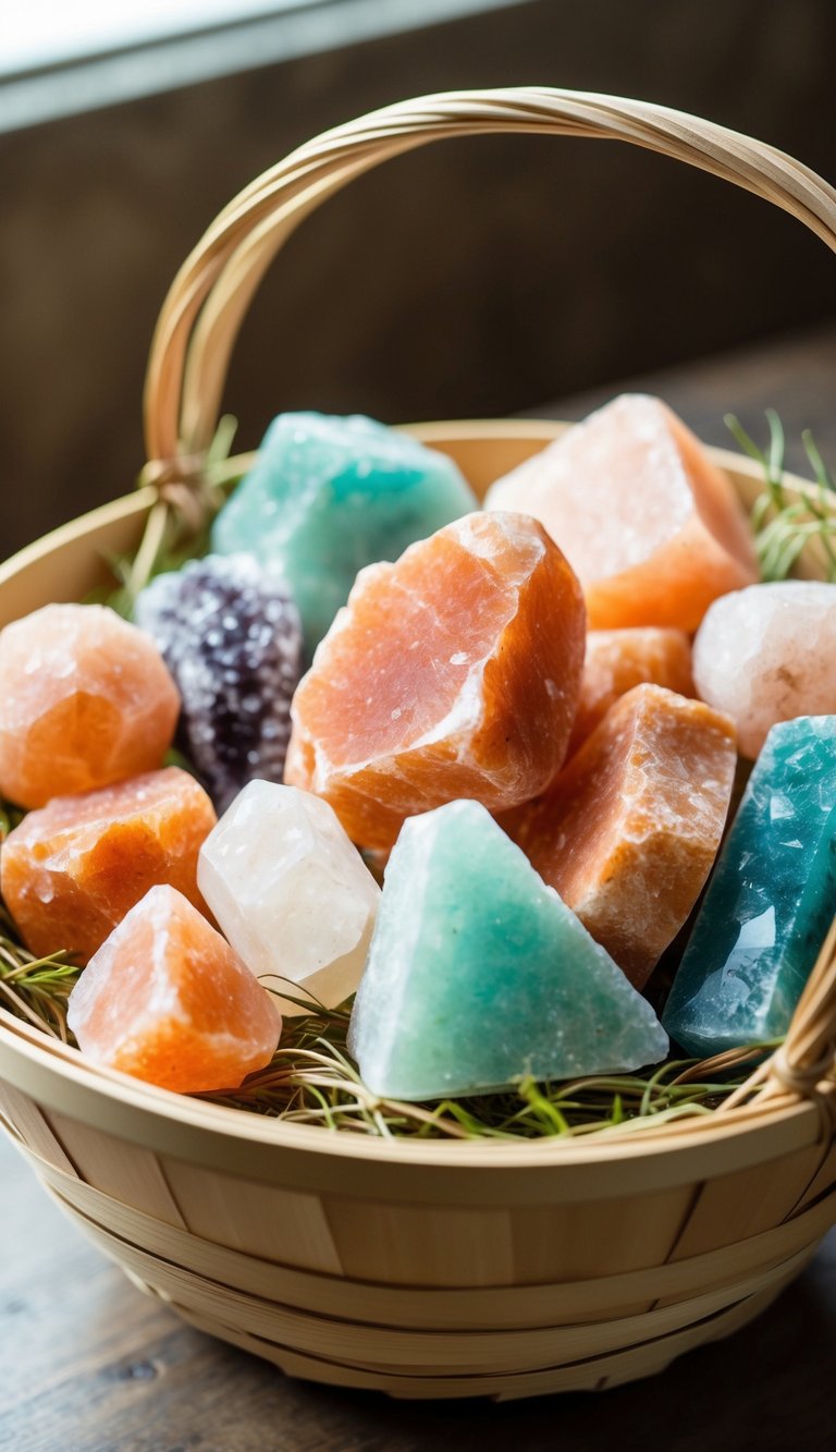 A collection of Himalayan salt crystals in various shapes and sizes, arranged in a gift basket with other natural elements for an elegant and earthy aesthetic