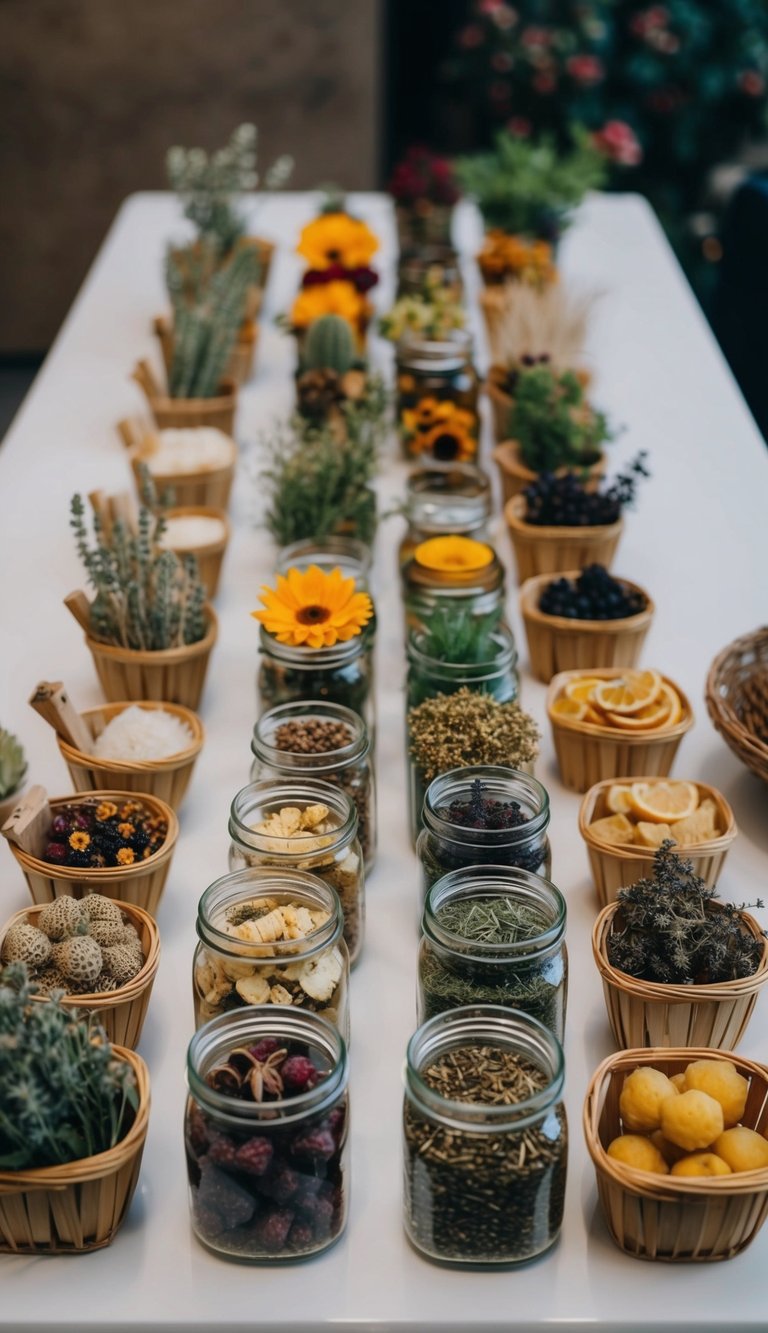 A table displays 22 types of natural elements, such as dried flowers, herbs, and fruits, arranged neatly in small jars and baskets