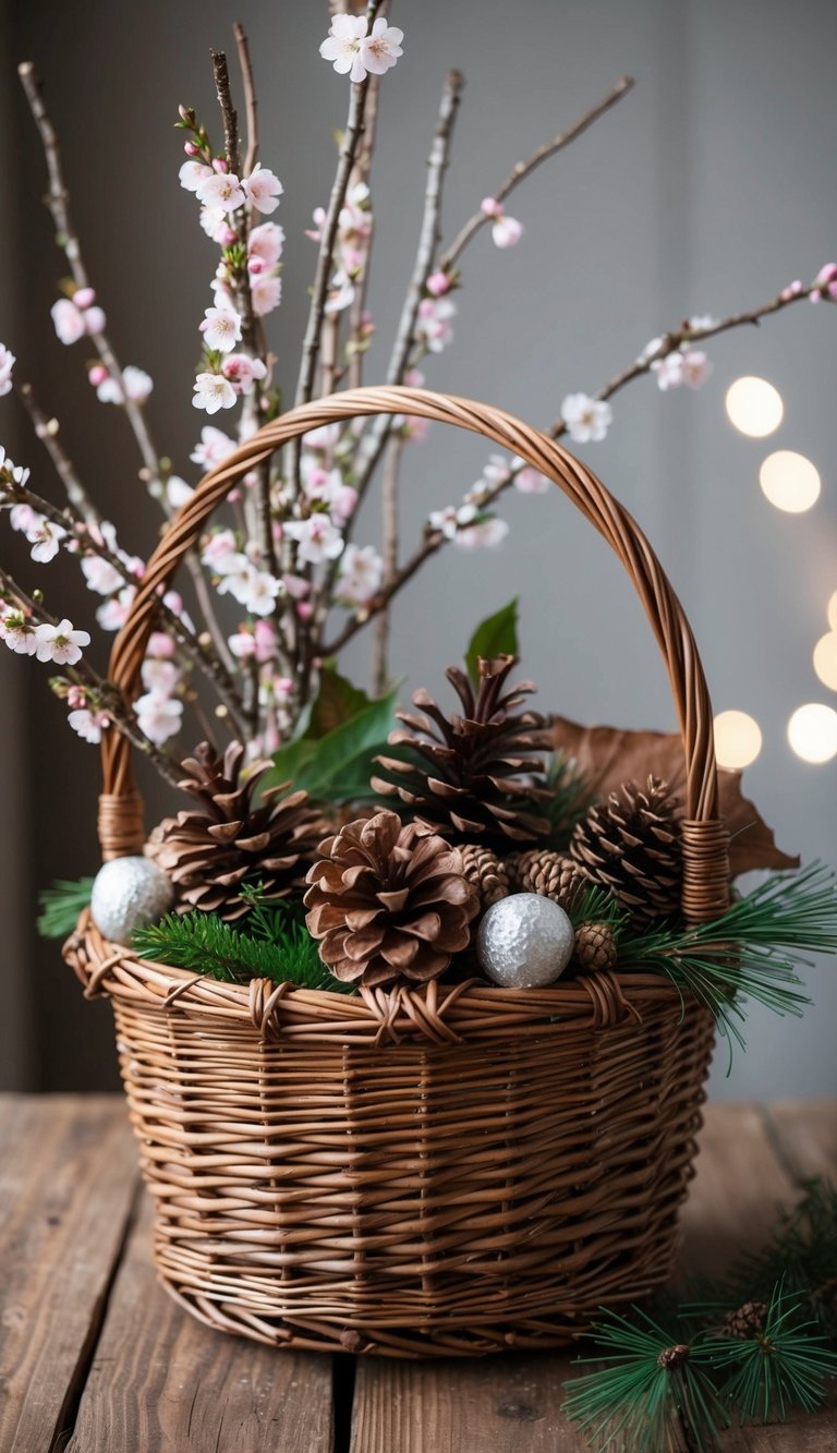 A wicker basket filled with cherry blossom twigs, pine cones, dried leaves, and other natural elements for an elegant gift basket