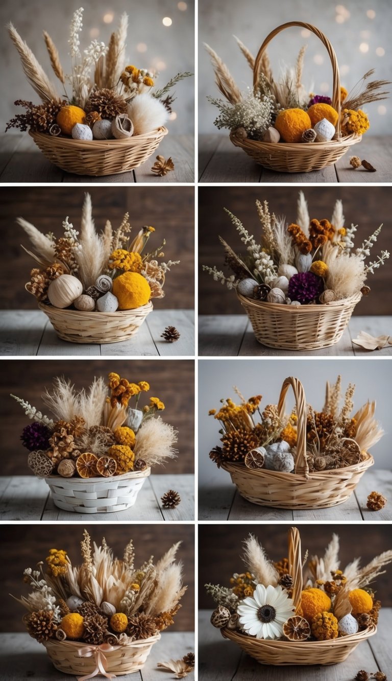 A collection of 22 different dried flowers and natural elements arranged in elegant gift baskets