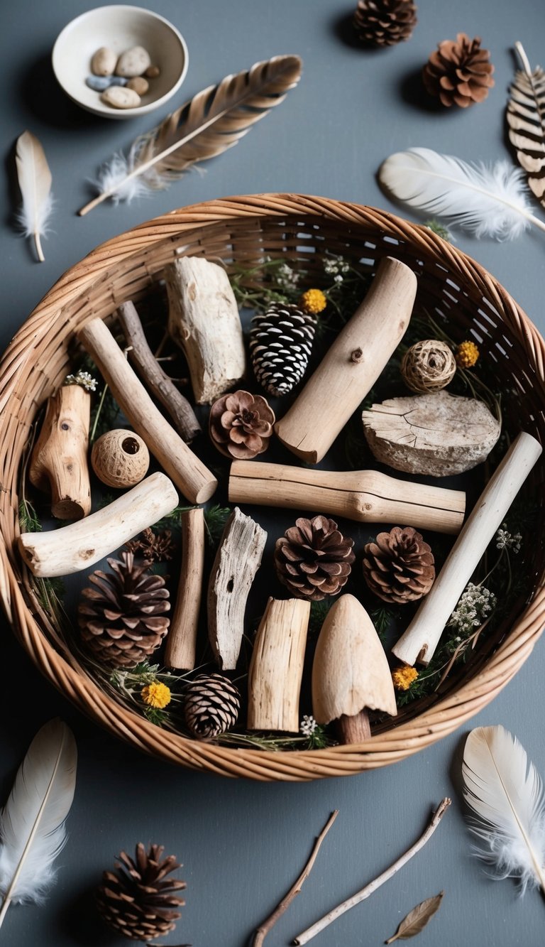 A collection of 22 unique driftwood pieces arranged in a rustic basket, surrounded by various natural elements such as feathers, pinecones, and dried flowers, creating an elegant and earthy aesthetic