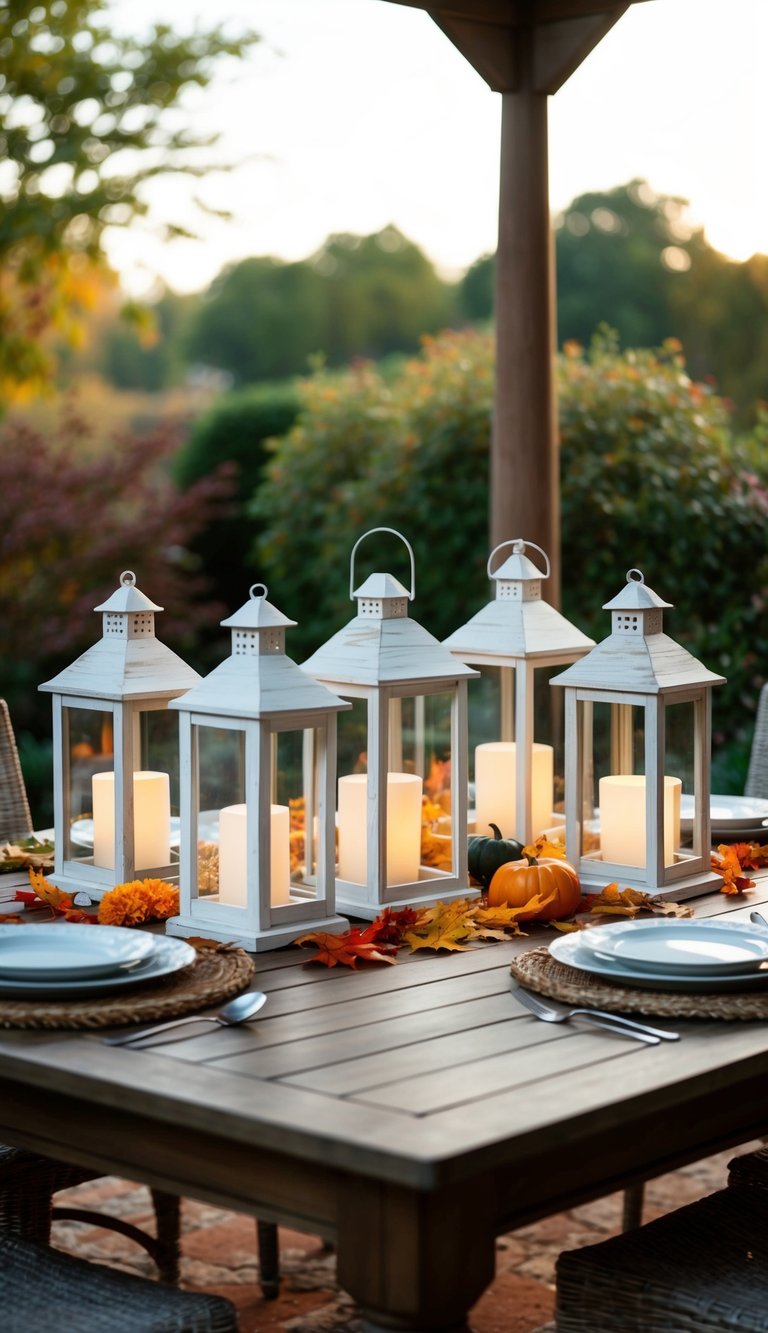 Five white rustic wooden lanterns arranged on a fall garden dining room table