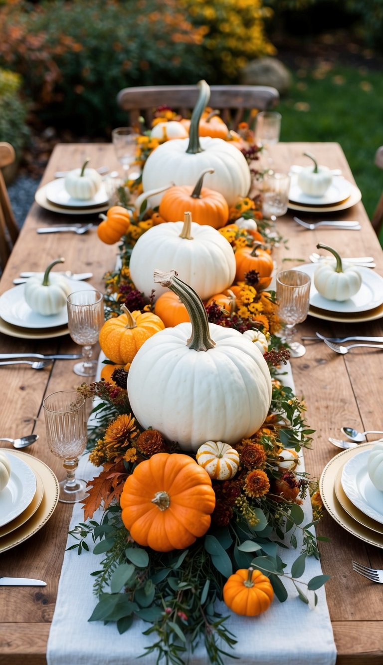 A white pumpkin floral arrangement sits at the center of a rustic fall garden dining room table composition