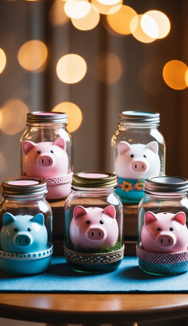 A collection of glass jars transformed into piggy banks, each with unique designs and purposes, displayed on a wooden table