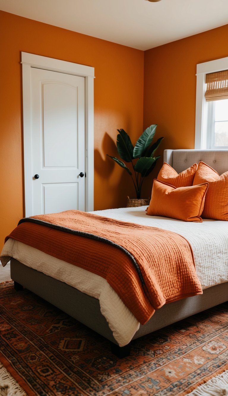 A cozy bedroom with orange throw pillows, a vibrant rug, and an accent wall in a warm shade of orange