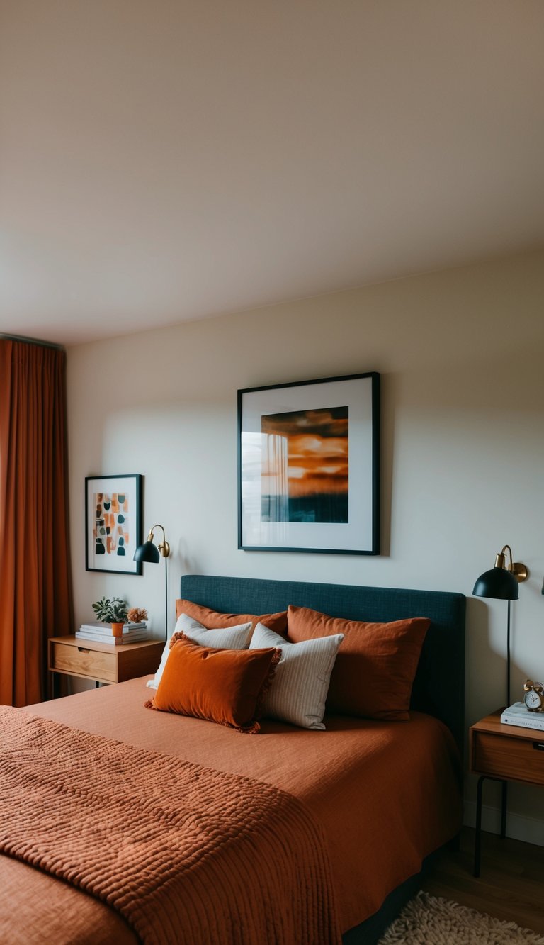 A bedroom with a rust bedspread and various orange accents, such as throw pillows, curtains, and artwork