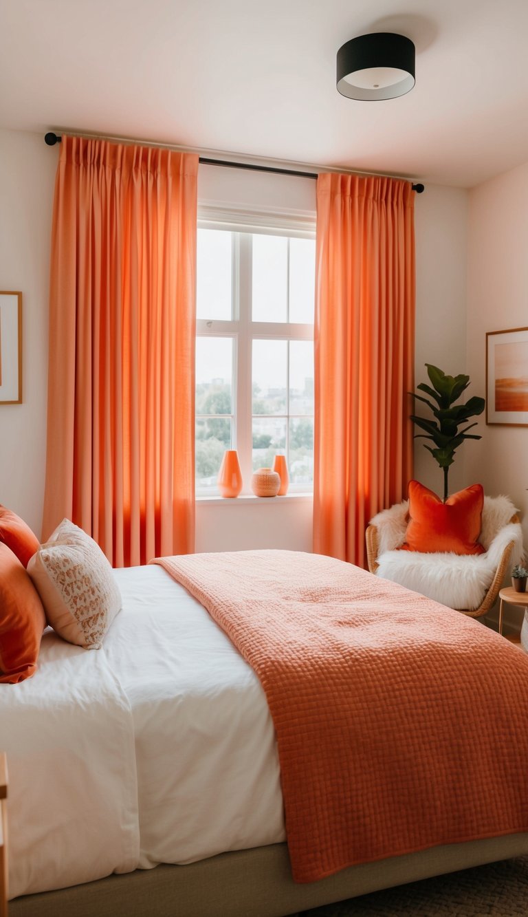 A bedroom with coral curtains, a cozy bed, and various orange accents throughout the room