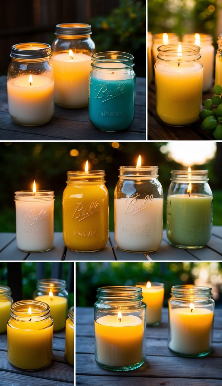 Glass jars arranged in various ways, holding candles of different shapes and sizes. Each jar is uniquely repurposed as a candle holder, showcasing creativity and sustainability