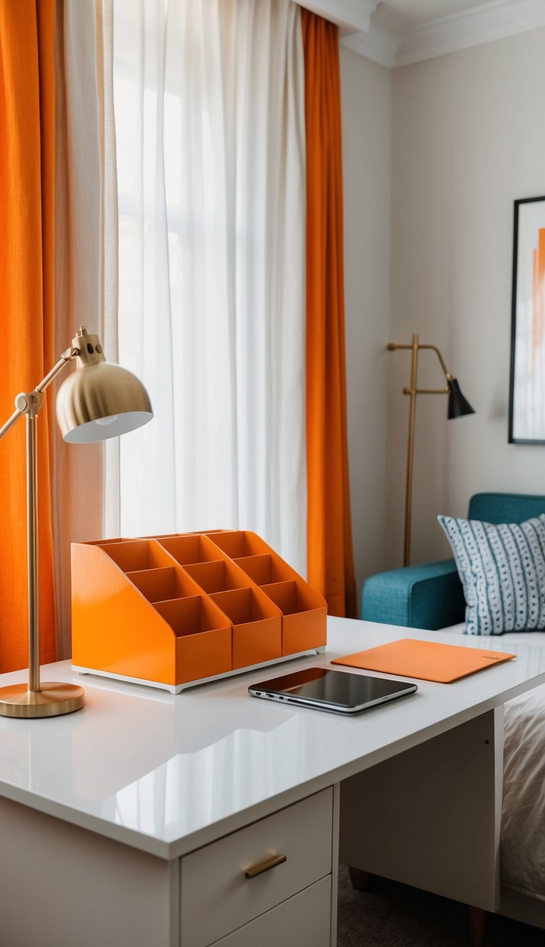 A bedroom with a mandarin desk organizer on a white desk, with orange accents in the bedding, curtains, and decor