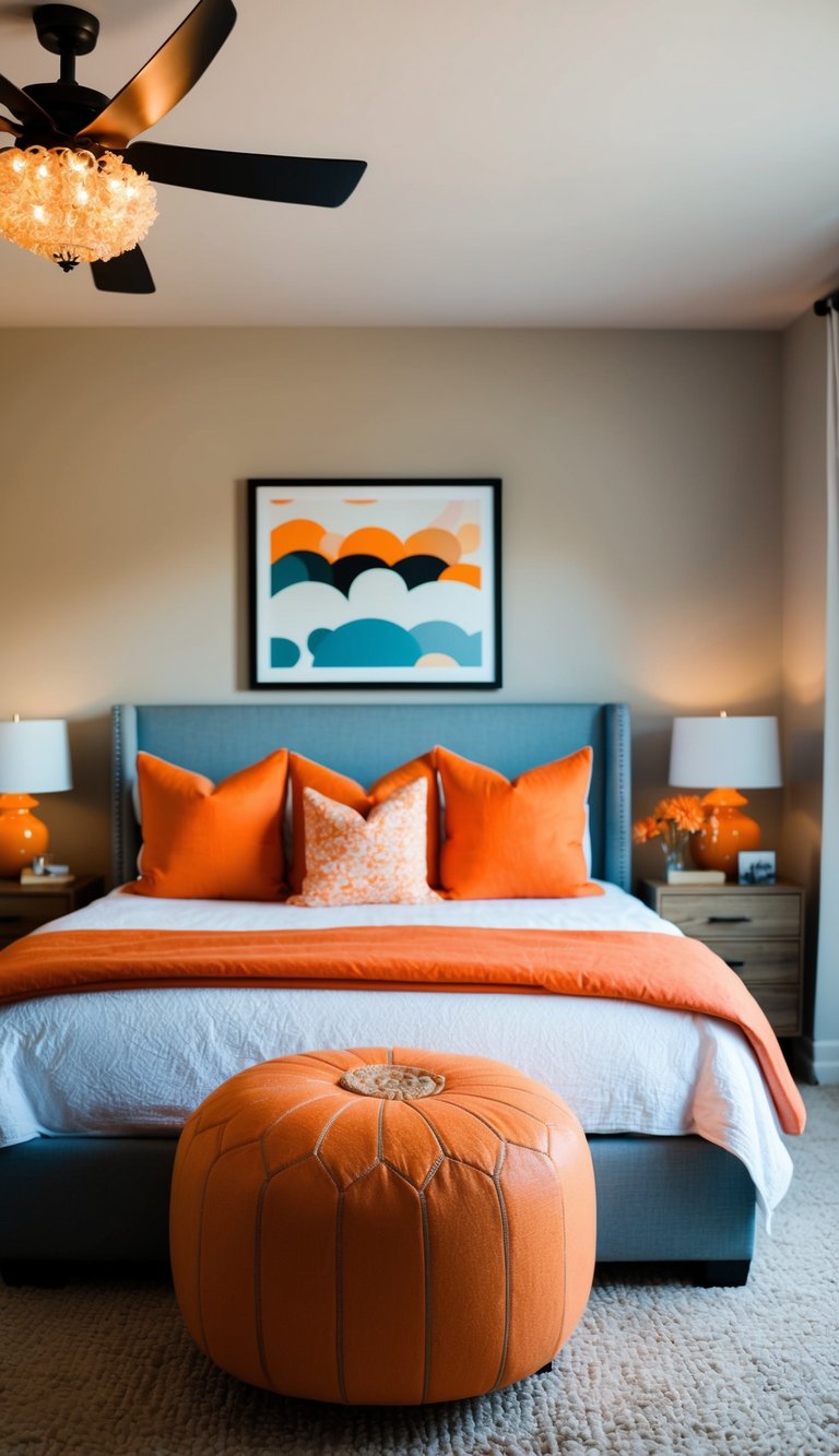 A bedroom with an orange cantaloupe ottoman, orange throw pillows, and orange accents throughout the room