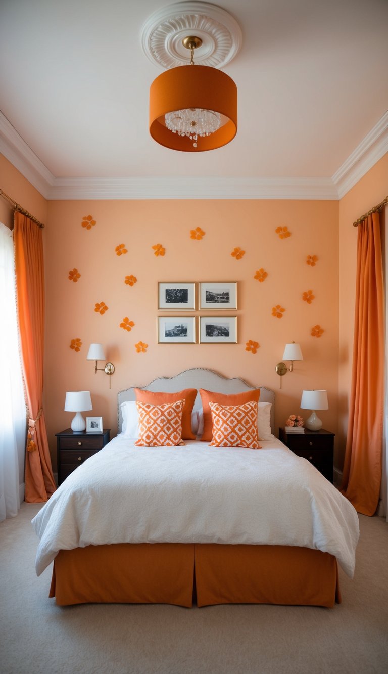 An elegant bedroom with apricot wall decals, featuring orange accents in bedding, curtains, and decor