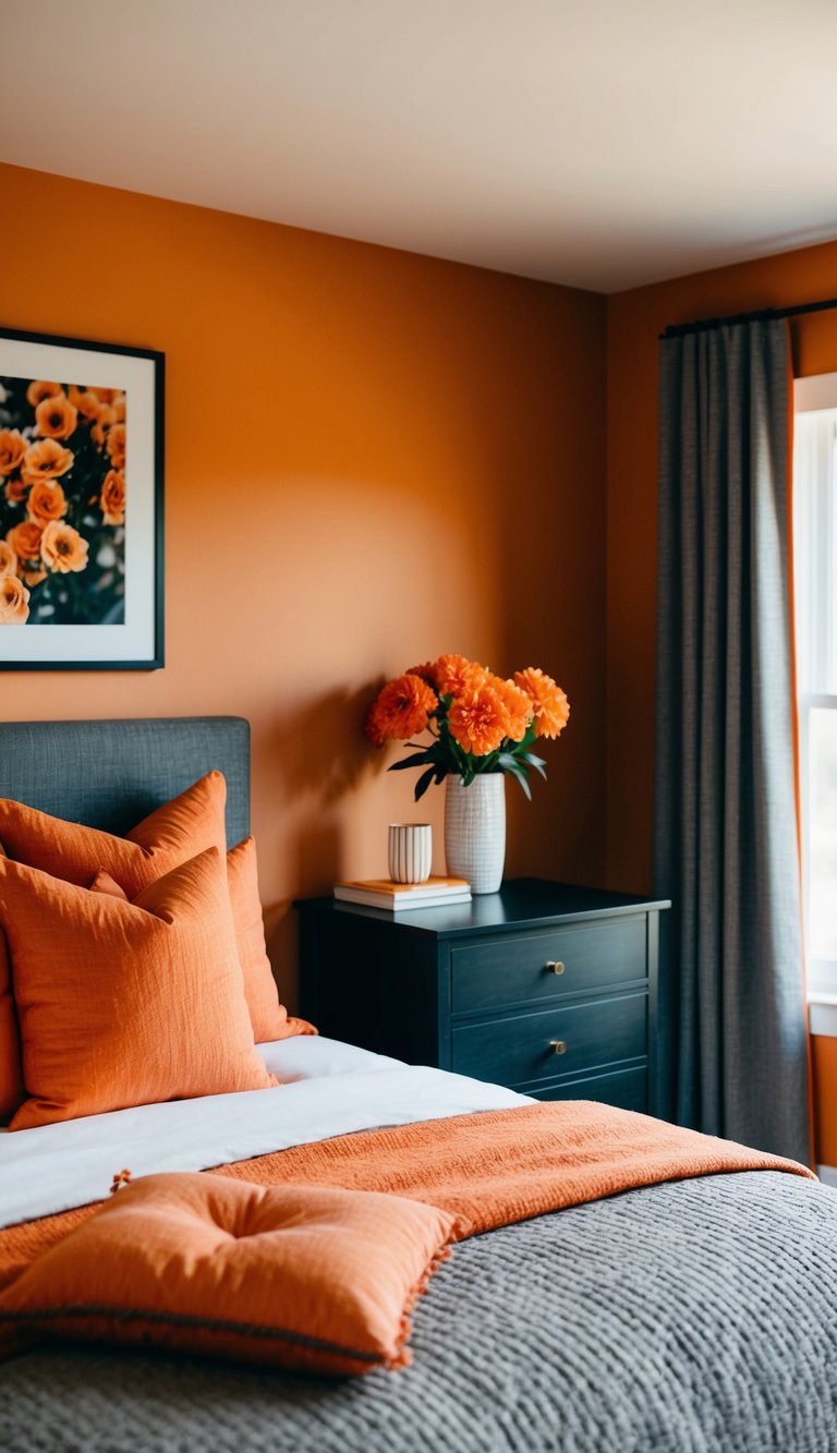 A cozy bedroom with orange throw pillows on a bed, a vase of orange flowers on a nightstand, and an orange accent wall