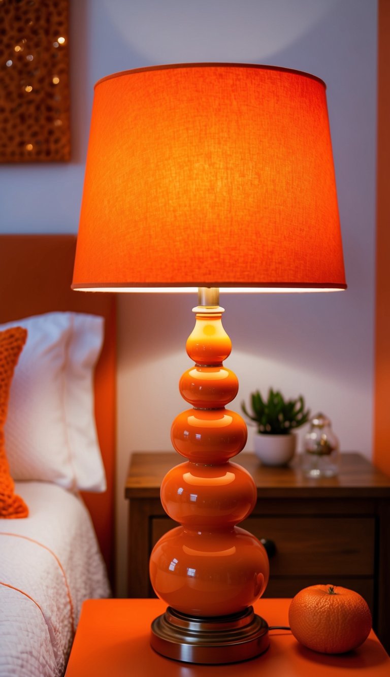 A tangerine table lamp illuminates a cozy bedroom with orange accents