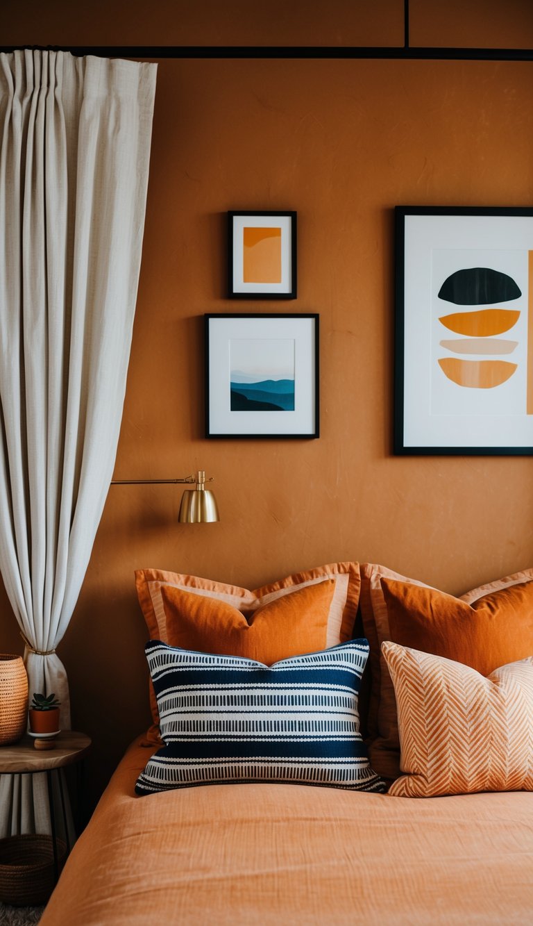 A terracotta wall adorned with various orange-themed bedroom decor, such as throw pillows, curtains, and artwork