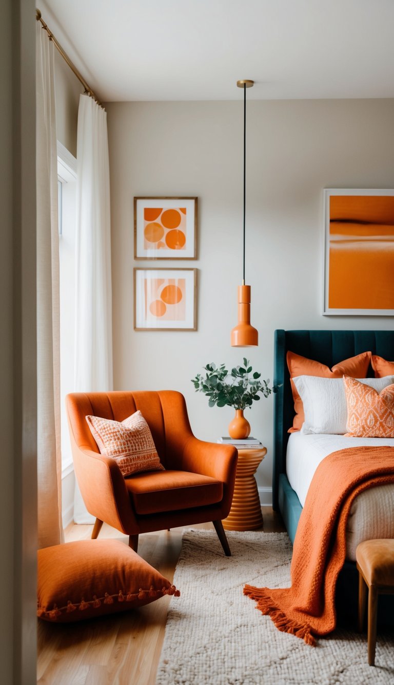 An inviting bedroom with a persimmon accent chair surrounded by orange accents in various forms, such as pillows, throw blankets, and artwork