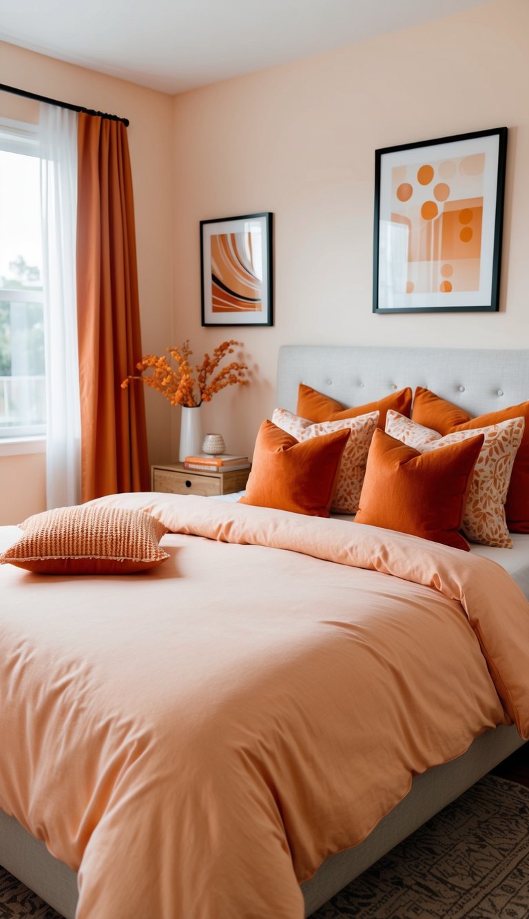 A bedroom with a peach duvet cover, featuring various orange accents in the decor such as throw pillows, curtains, and artwork