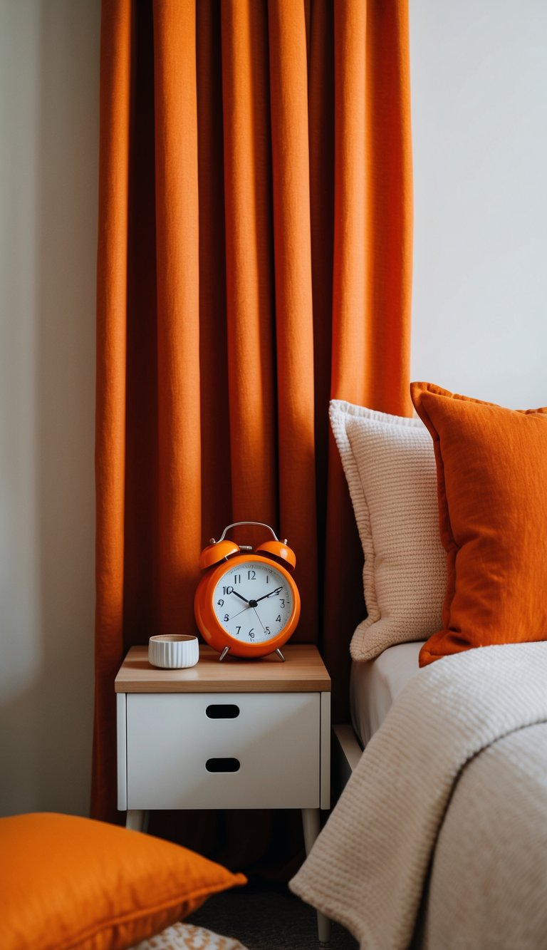 An orange tangerine alarm clock sits on a bedside table surrounded by orange pillows, curtains, and a throw blanket in a cozy bedroom