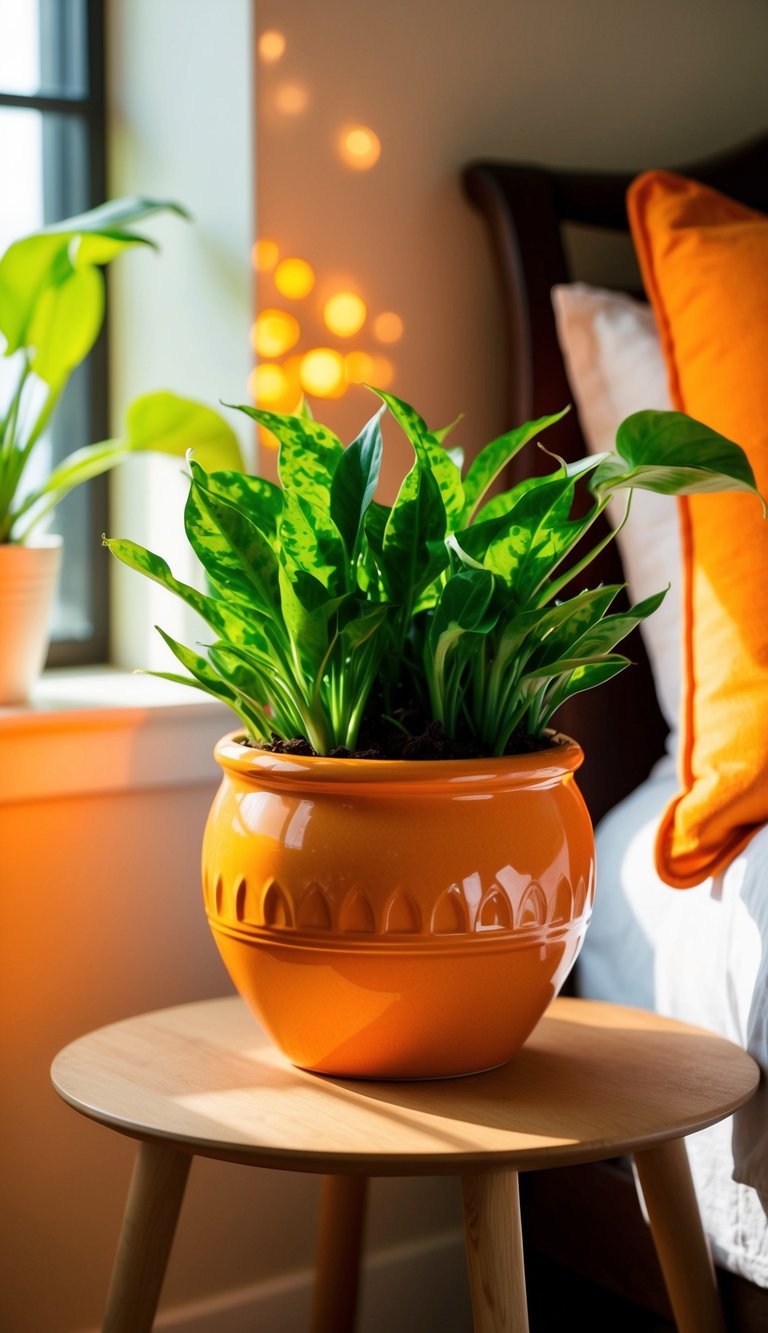 An orange ceramic planter sits on a bedside table, filled with vibrant green plants. The sun casts a warm glow, illuminating the room with hints of orange accents