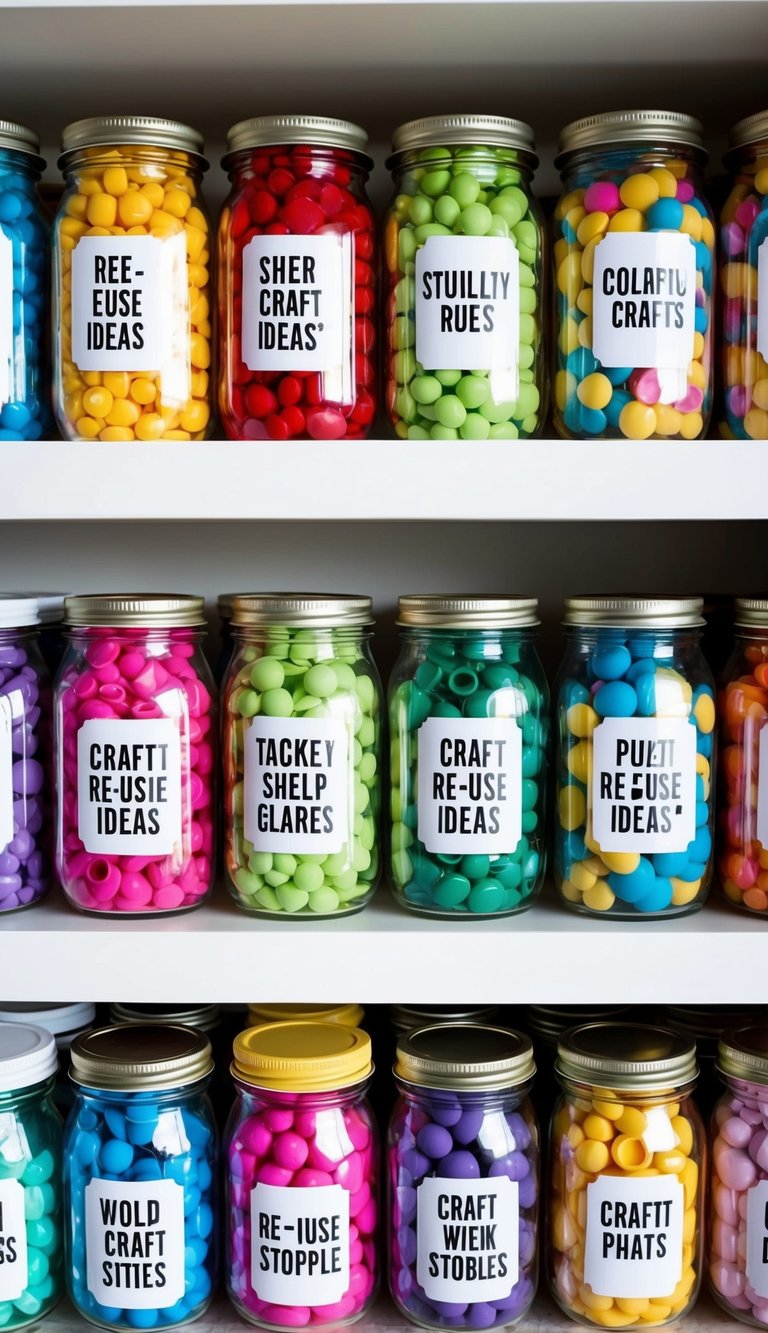 An organized shelf with glass jars filled with colorful craft supplies and labeled with various re-use ideas