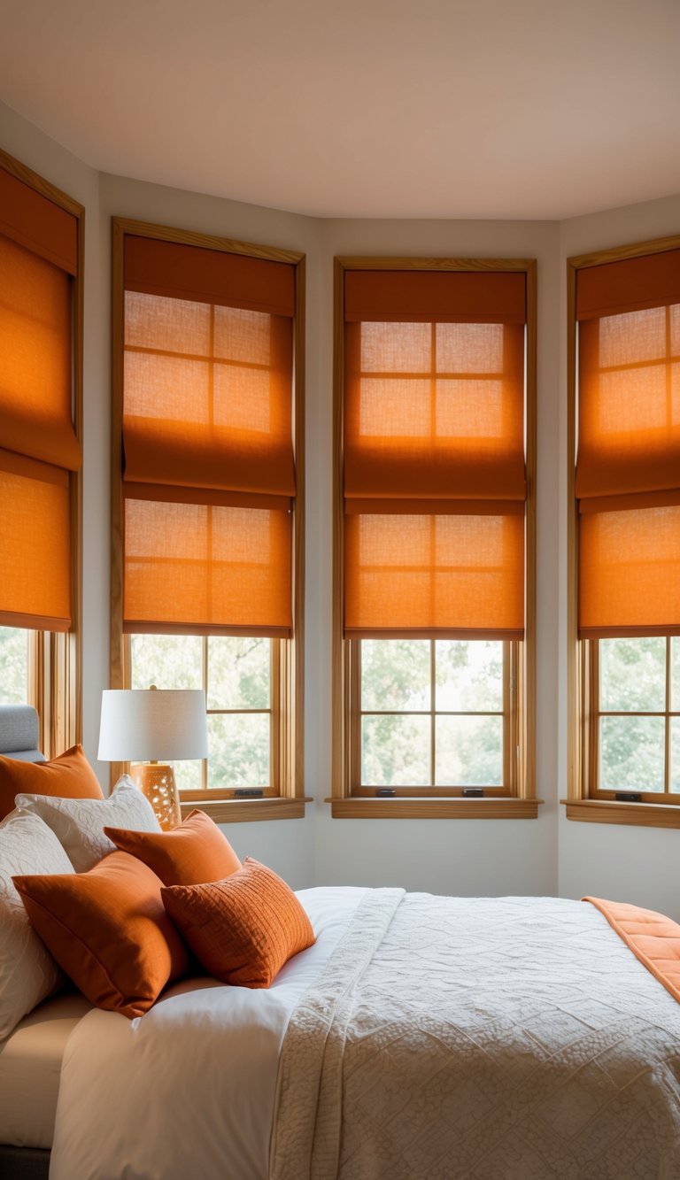 A bedroom with sienna window shades, incorporating orange through bedding, decor, and accent pieces