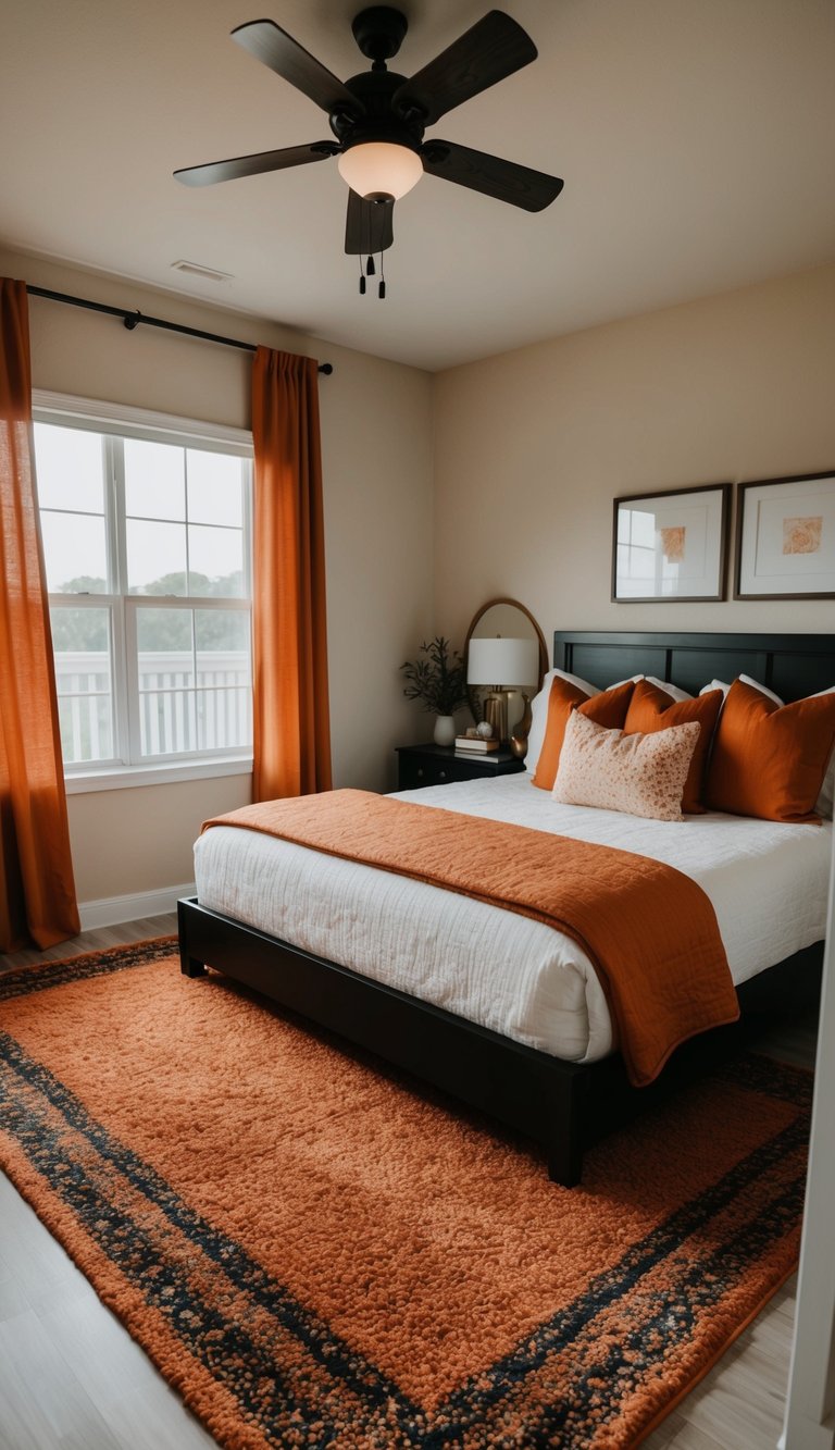 A cozy bedroom with a burnt orange area rug, featuring orange accents in bedding, curtains, and decor