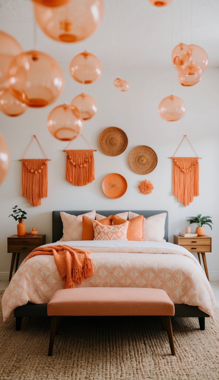 A bedroom with peachy keen wall hangings and various orange accents