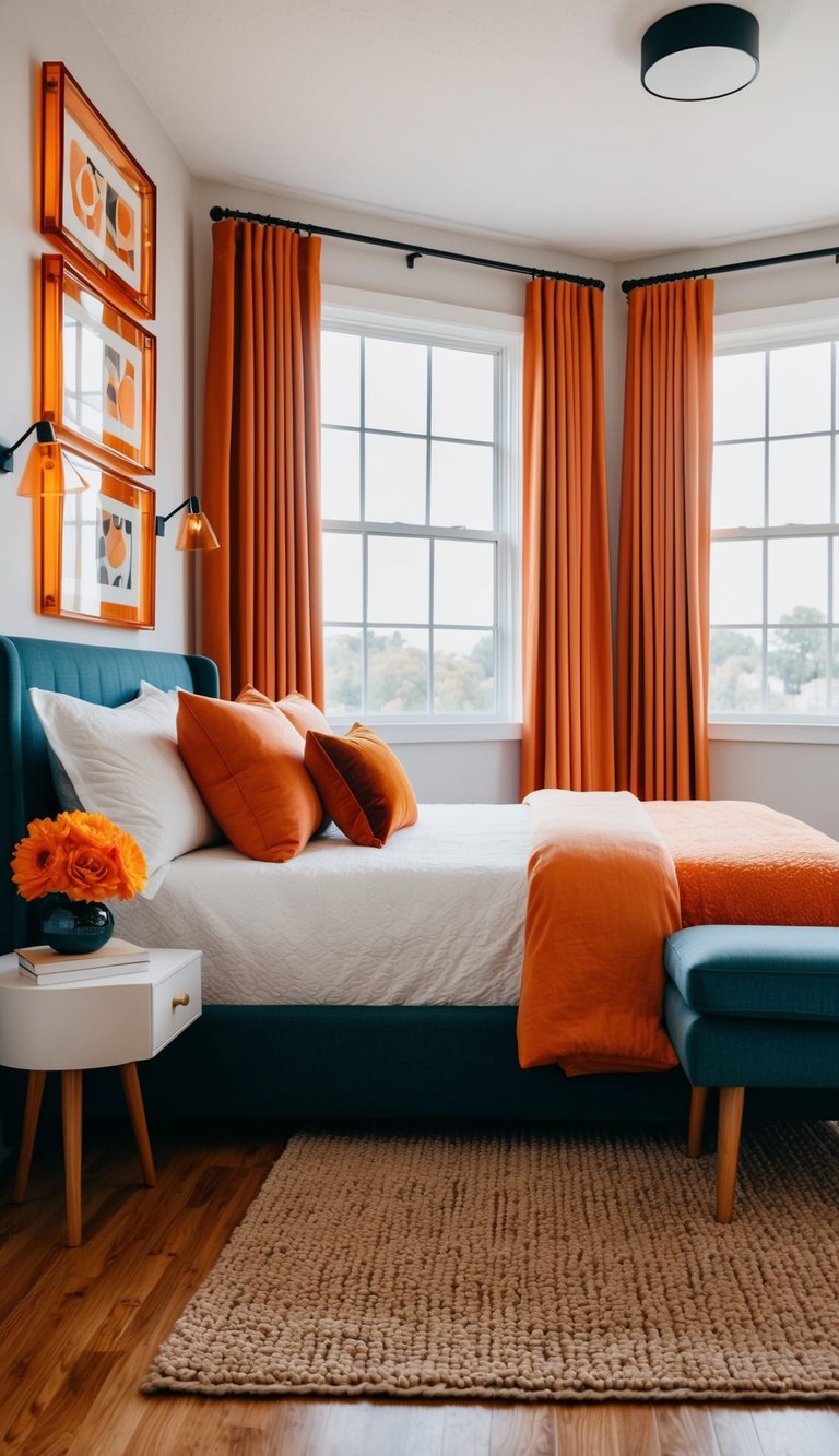 A bedroom with orange accents: throw pillows, curtains, rug, and artwork in amber frames