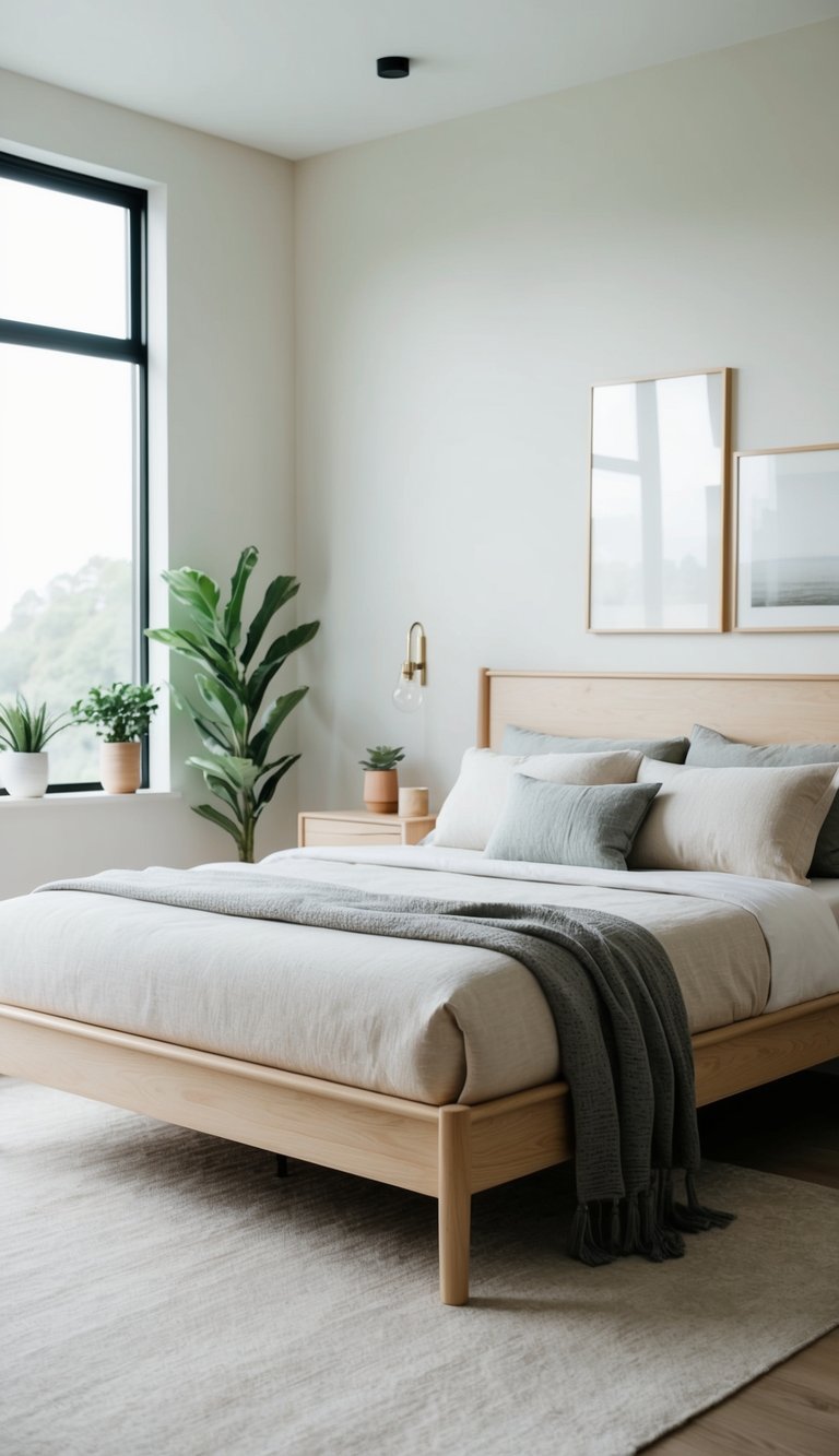 A serene bedroom with light wood furniture, clean lines, and a neutral color palette. Large windows let in natural light, and potted plants add a touch of greenery