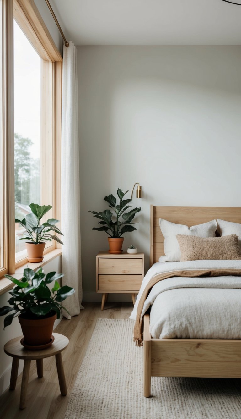 A cozy bedroom with light wood furniture, a neutral color palette, and natural textures like wool and linen. Large windows let in plenty of natural light, and potted plants bring a touch of nature indoors