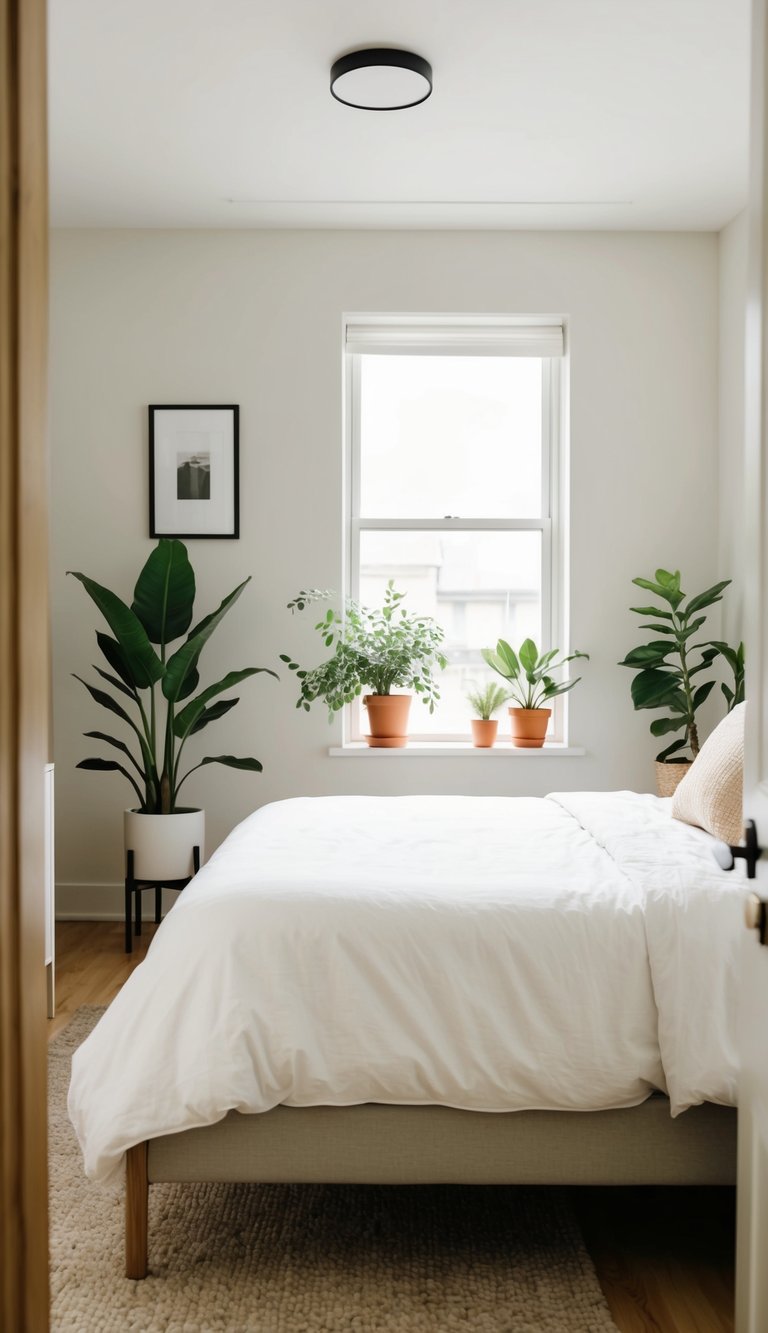 A cozy bedroom with natural light, a bed with clean lines, a few potted plants, and simple, functional furniture