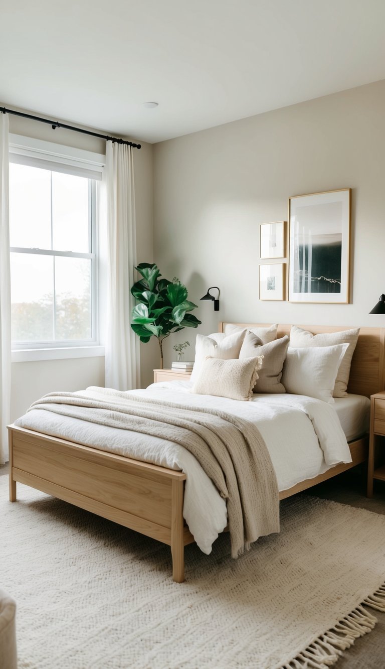 A cozy bedroom with light wood furniture, soft neutral textiles, and pops of greenery. A large window lets in natural light, and a simple, uncluttered layout creates a sense of calm