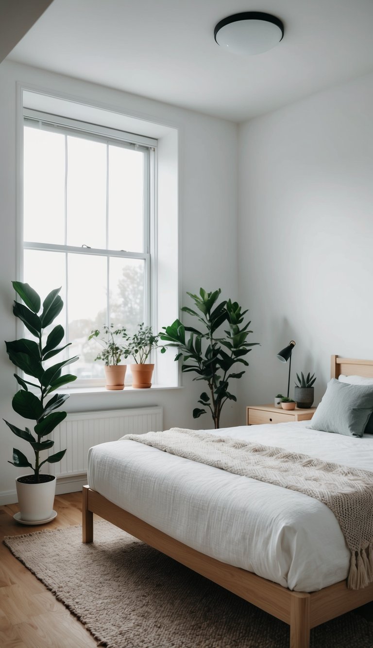 A bedroom with light wood furniture, potted plants, and simple decor. A large window lets in natural light, creating a serene and minimalist atmosphere