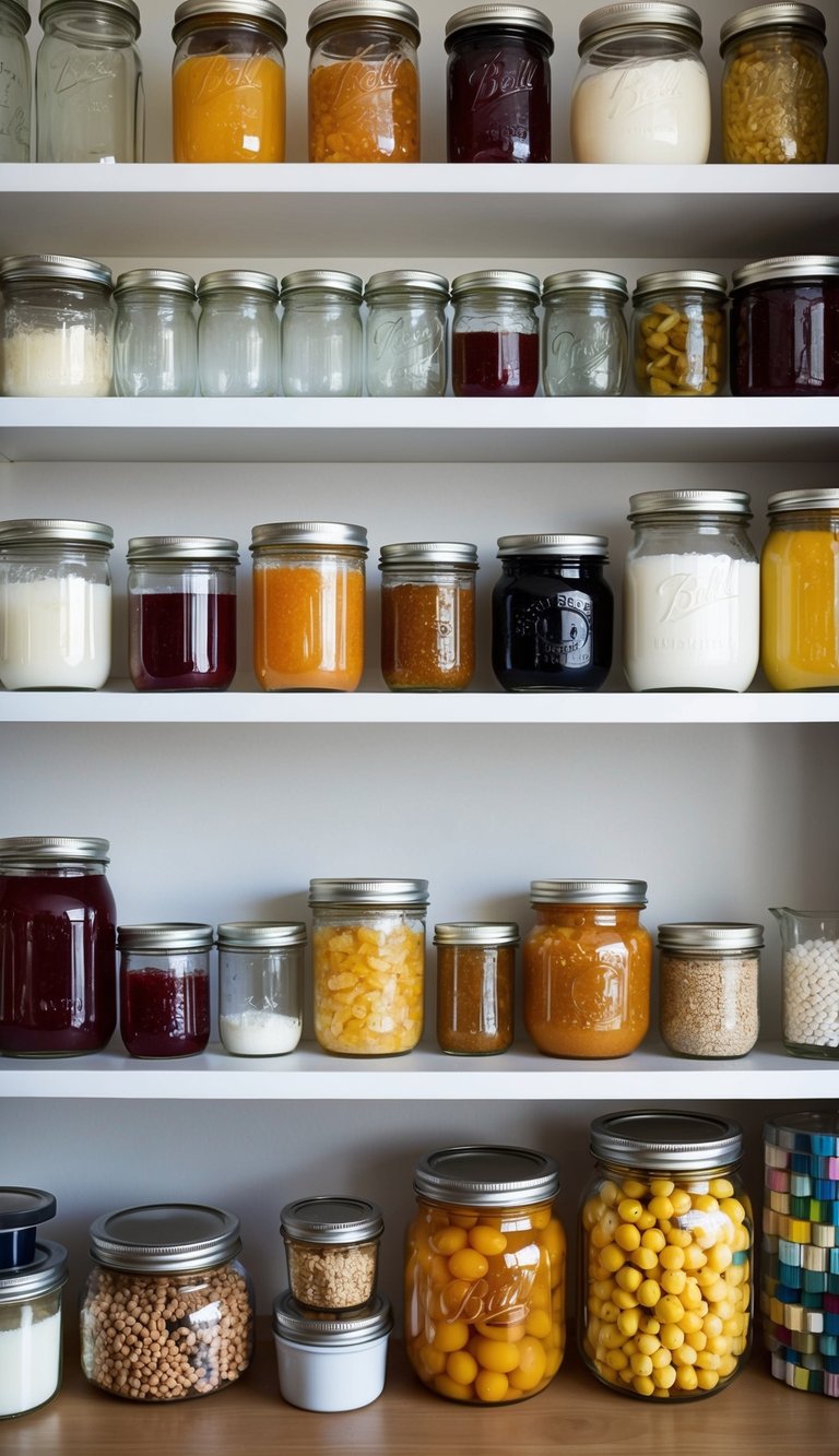 A shelf filled with 17 different reuses for glass jars, from holding homemade jams to organizing craft supplies