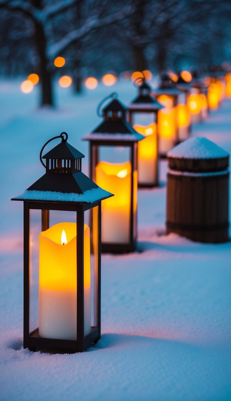 A row of white candle lanterns casting a warm glow in a snow-covered landscape