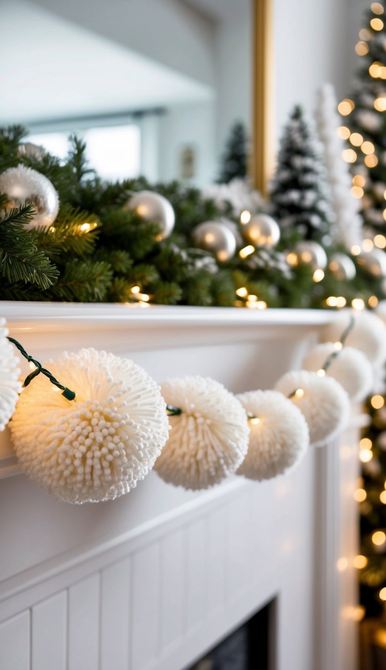 A white pom-pom garland draped along a fireplace mantle, surrounded by twinkling lights and snowy decor