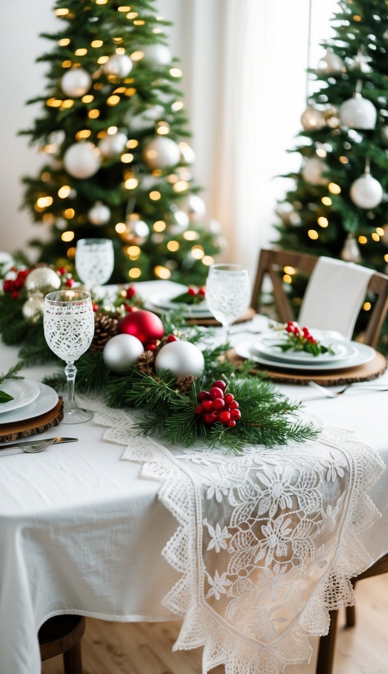 A lace table runner adorns a festive table with white Christmas decor